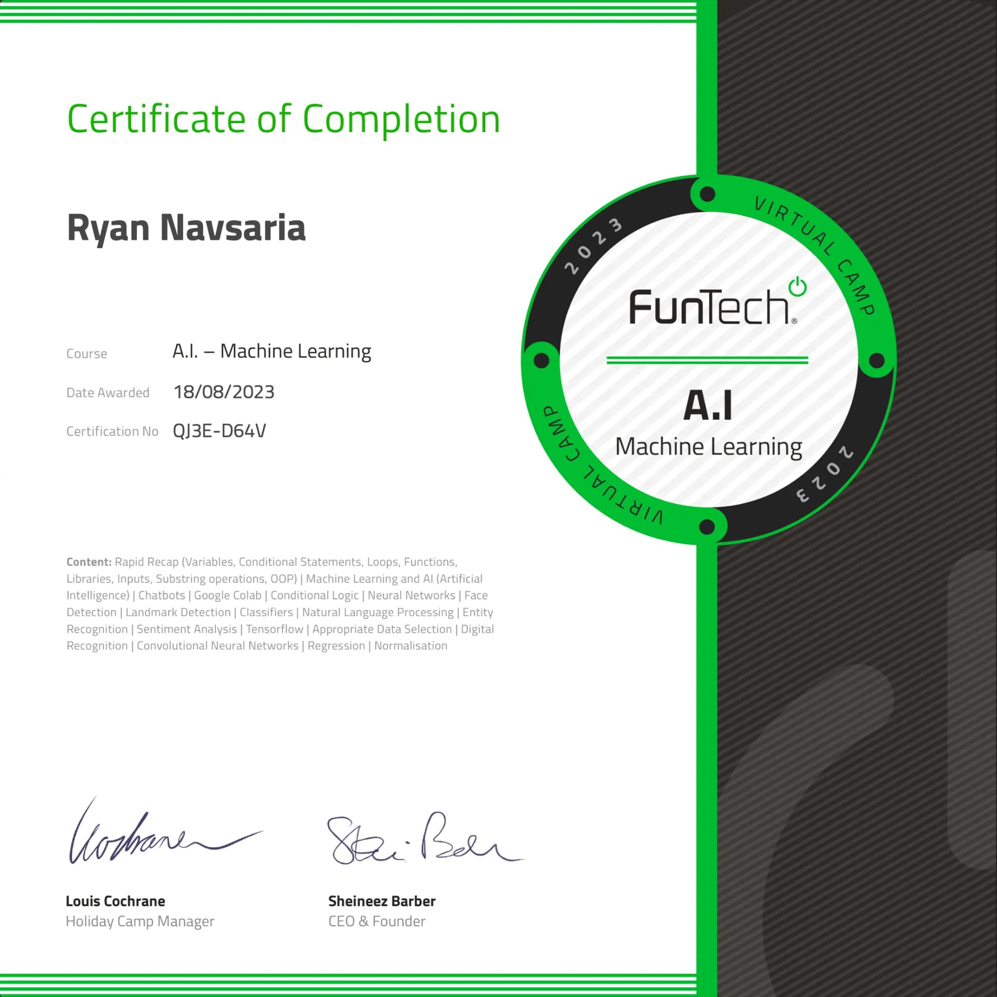 Funtech Machine Learning Certificate