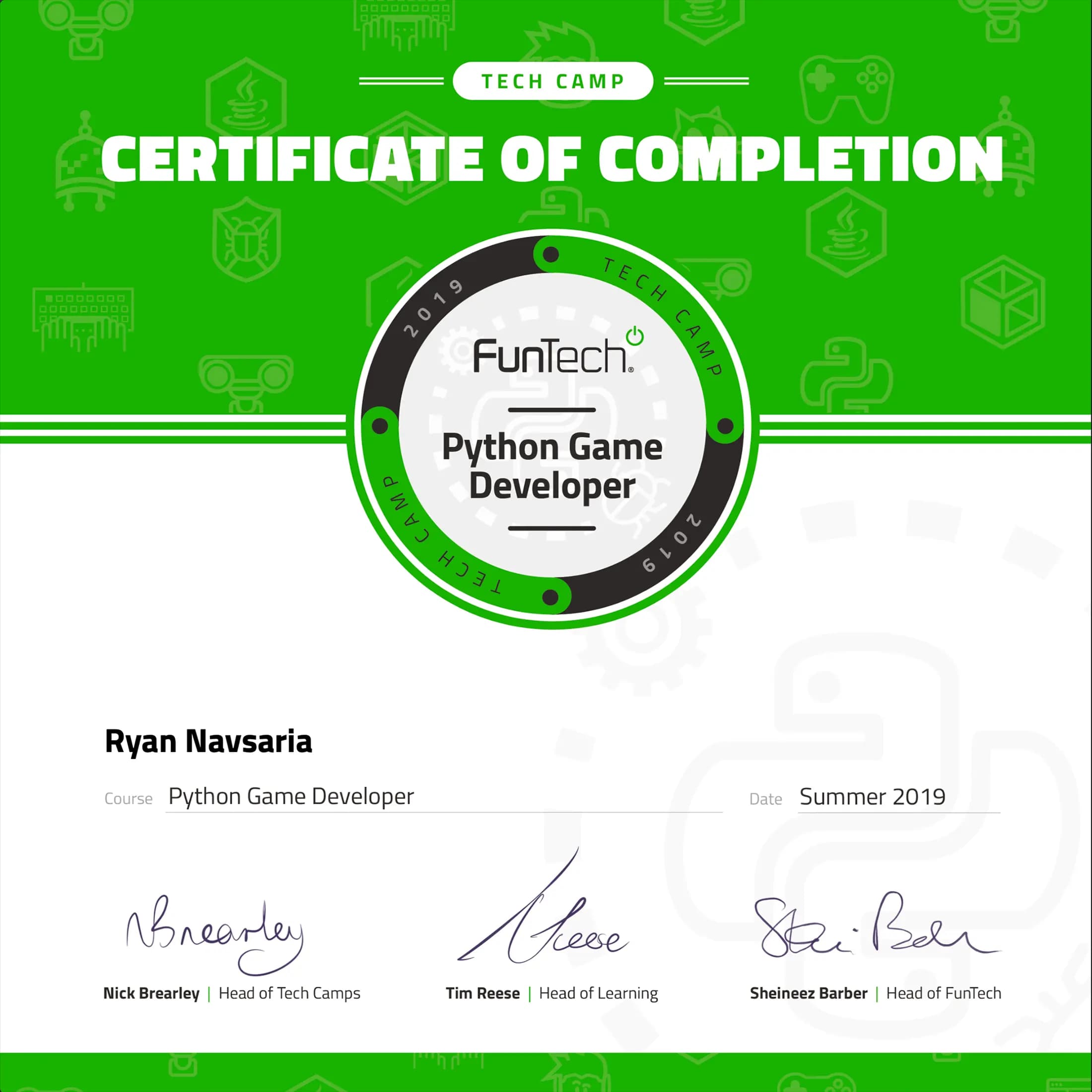 Funtech Python Game Certificate